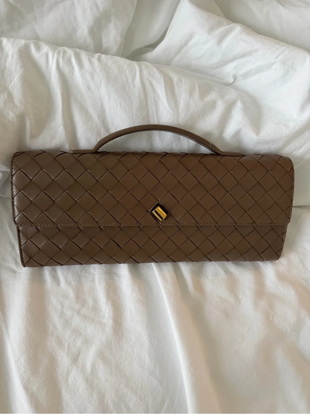 Bottega Veneta intrecciato Woven Leather Top-Handle Clutch in Dark Brown